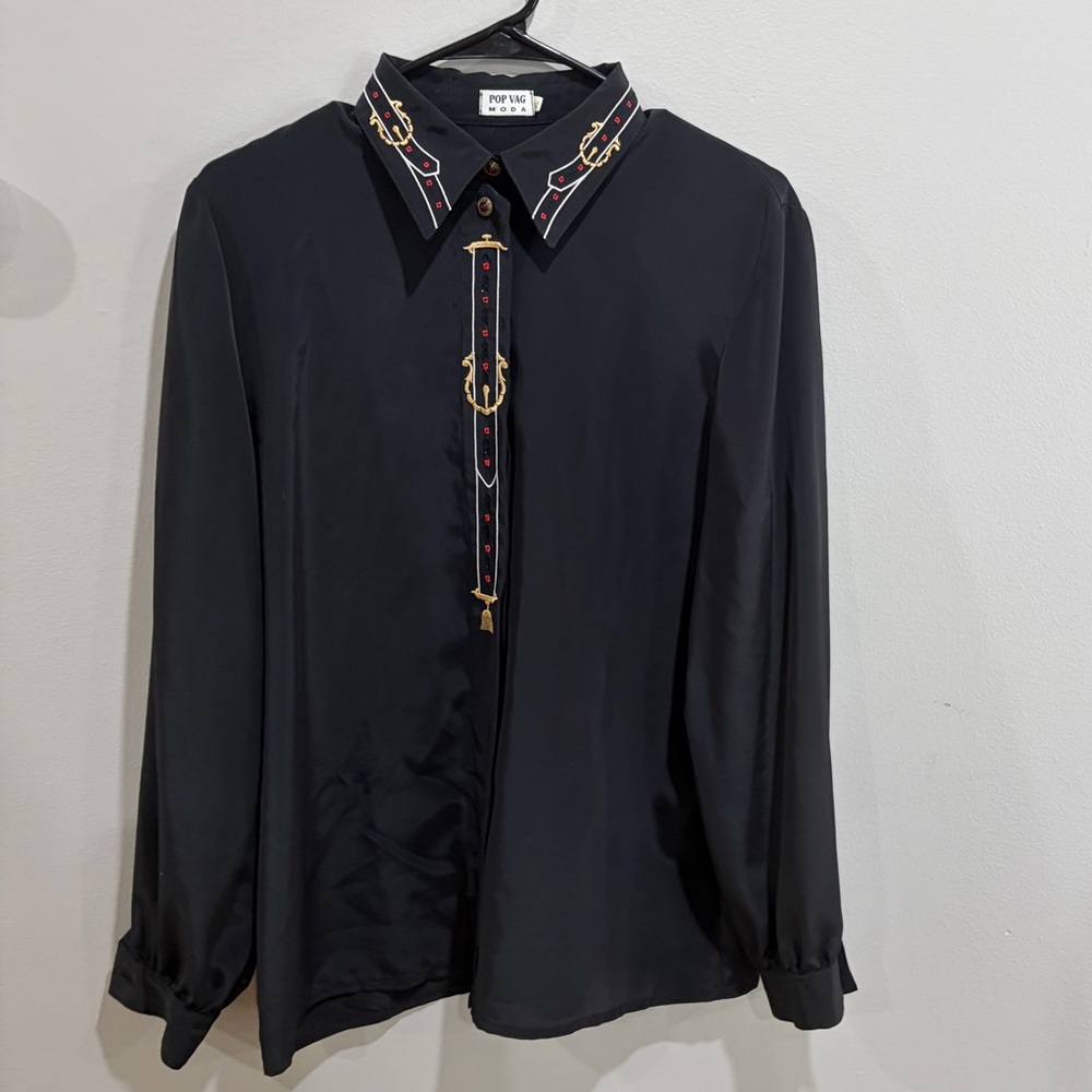 Equestrian Revival Style Black Blouse Horse Bit Detail Size 42 European 10-12 US